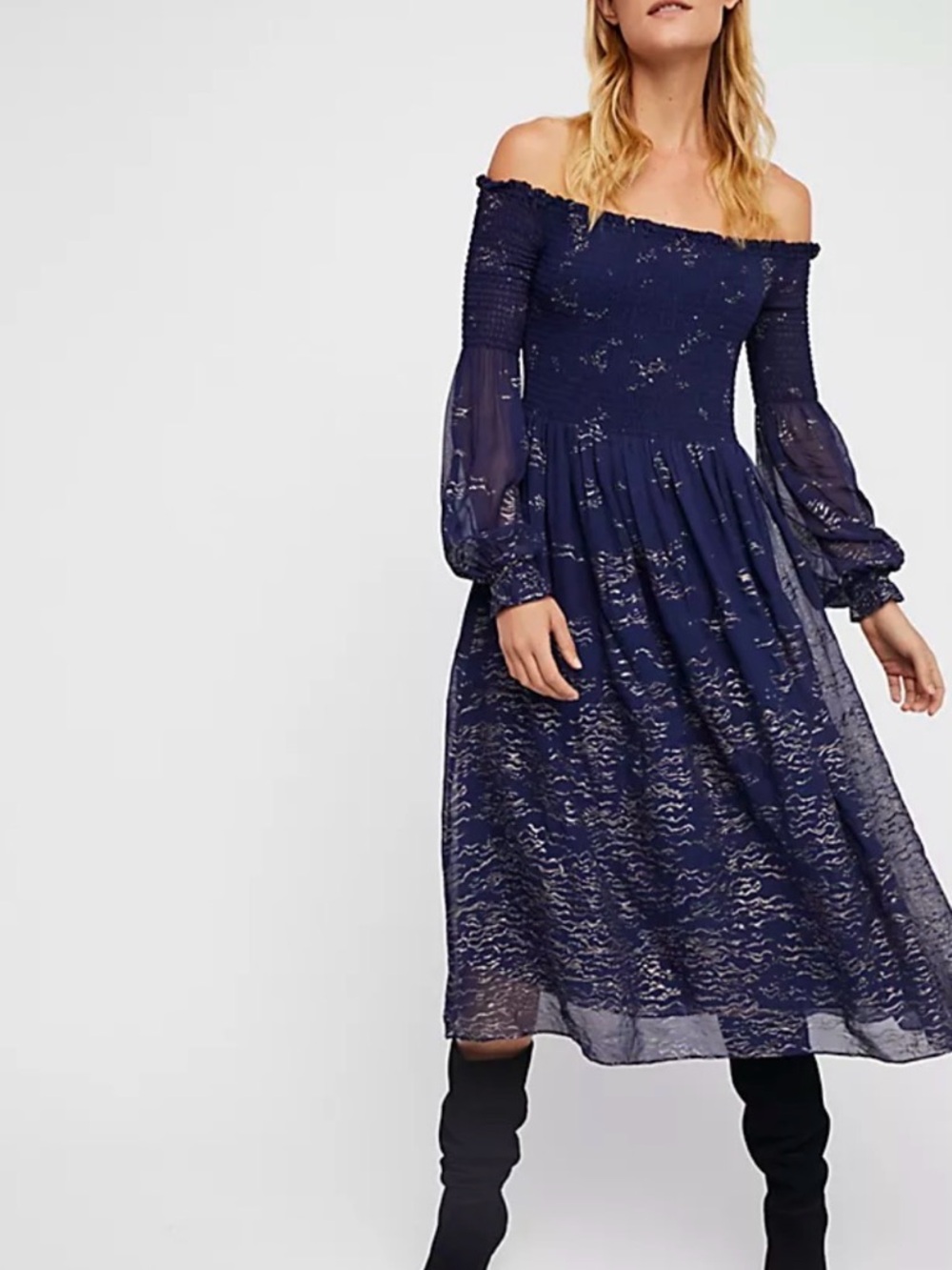 Free People Foiled Smock Midi Dress Evening Blue Combo Size S